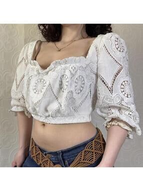 Boho Cropped Blouse White Lace w/ Balloon Sleeves Size Small by Lovers + Friends